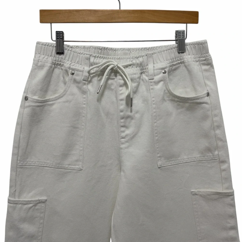 Madden NYC White Denim Wide Leg Cargo Drawstring Elastic Waist Jeans - Med